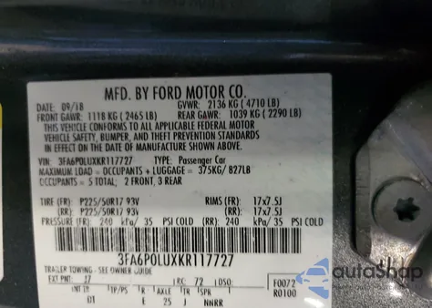 2019 Ford Fusion Se z USA, uszkodzony, nr VIN 3FA6P0LUXKR117727